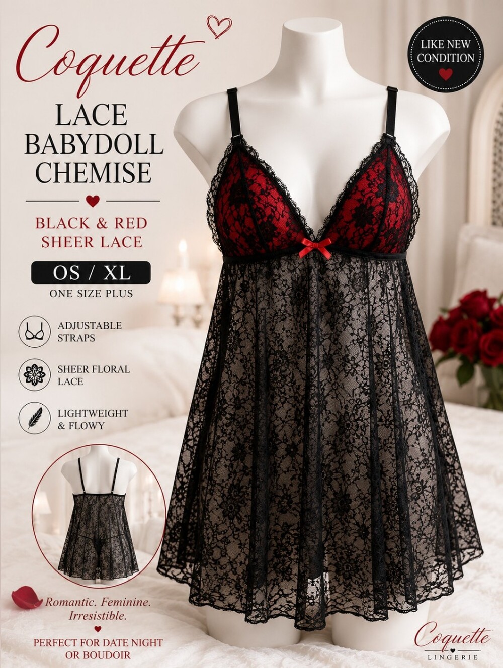 Coquette OS XL Black Red Sheer Lace Babydoll Chemise Plus Size Lingerie